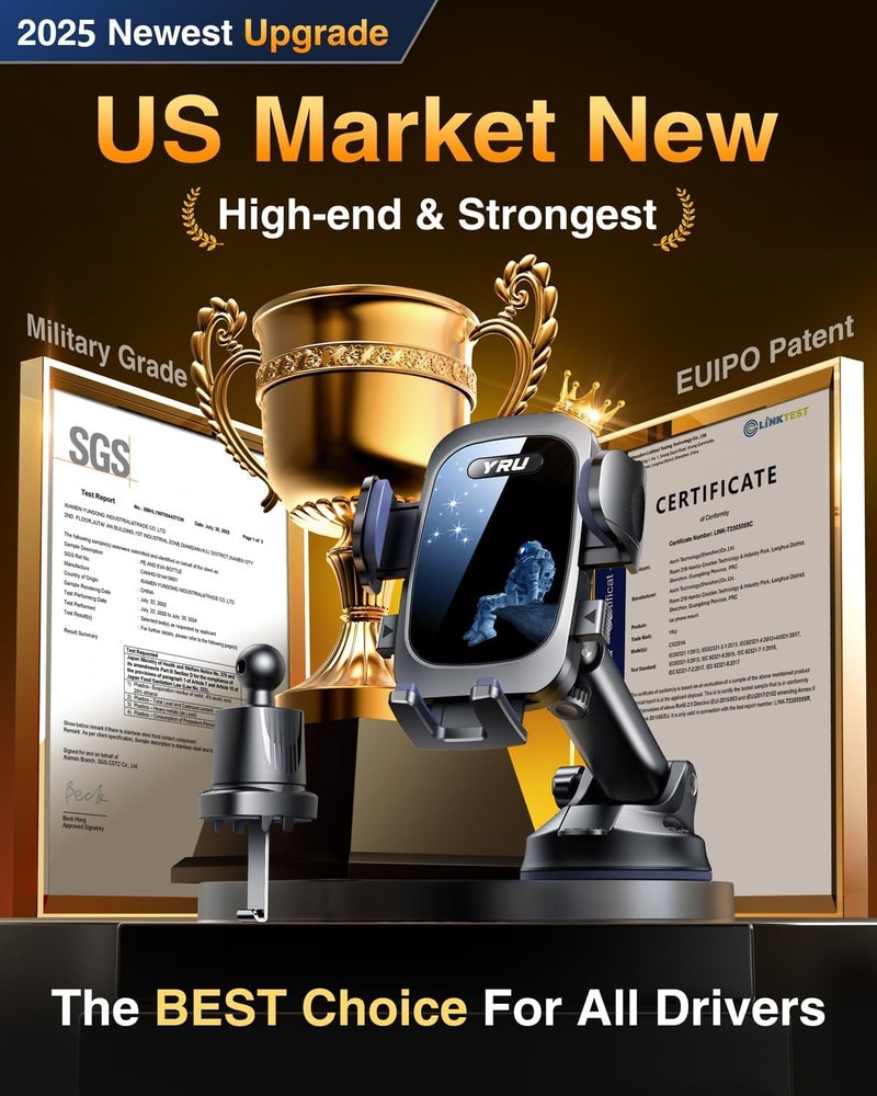 YRU True Military-Grade [360°Rotation Suction] 2025 Ultimate Car Phone Holder Mount[90+LBS Safest Strongest & Patent Certs] Dashboard Windshield Vent for iPhone 17 16 Pro Max Samsung,Blue Black - Image 2
